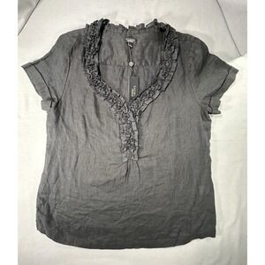 Talbots‎ Black 100% Linen Short Sleeve Ruffle Front Women's 8 NWT